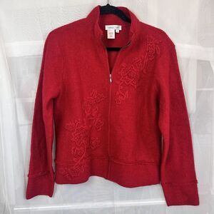 Coldwater Creek 100% wool zip up jacket womens MD cherry red embroidered winter
